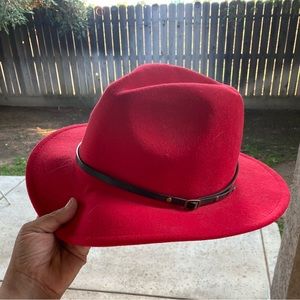 Wide brim, red, fabric hat easy to wear